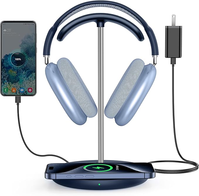 Miroddi Headphone Stand with Wireless Charger, Independent USB Charging Port, 5 in 1 Charging Station Headset Holder Rack for AirPods Max/Pro/4/3/2, iWatch, iPhone, Samsung and Desk Headphones