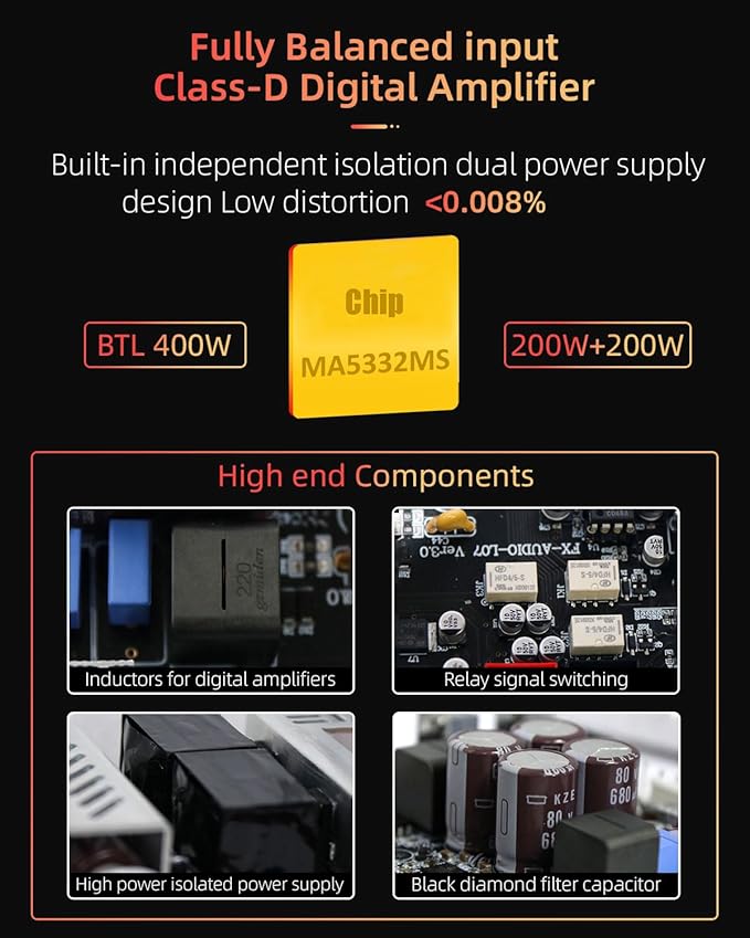 FX-Audio- L07 Stereo Audio Amplifier 200W x2 MA5332MS 2 Channel Class D Power Amp Bridgeable BTL 400W Hi-Fi Fully Balanced Amp for Passive Bookshelf Desktop Speakers Home Theater