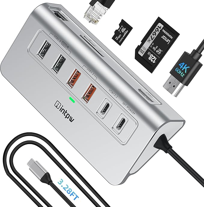 USB C Hub, intpw 9-in-1 USB Multiport Adapter with 4K HDMI, PD 100W, USB-C and 2 USB A 3.0 5Gbps, 2 USB A 2.0, SD/TF Slots for MacBook Pro/Air, iPad Pro, iPhone 15/16 Series