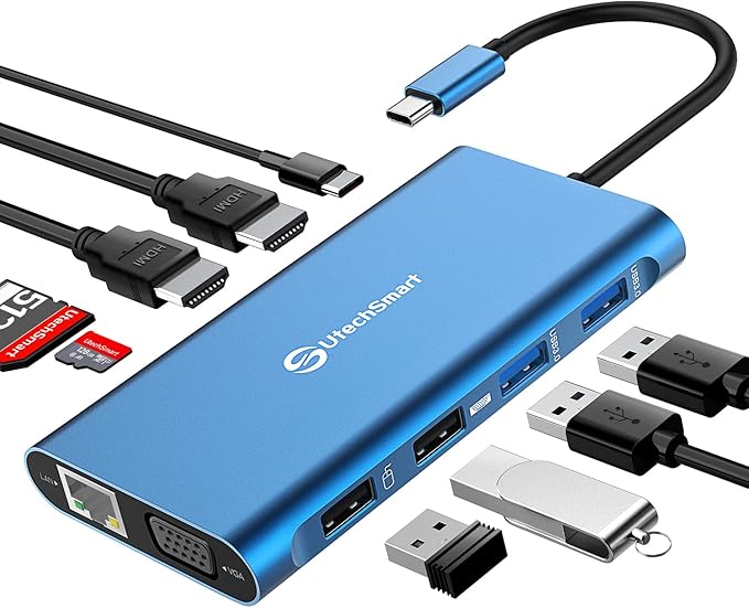 UtechSmart Triple Monitor USB-C Laptop Docking Station - 11-in-1 Dock with 2 HDMI, VGA, PD3.0, SD/TF Card Slot, 4 USB Ports - Compatible with MacBook & Windows (Black)