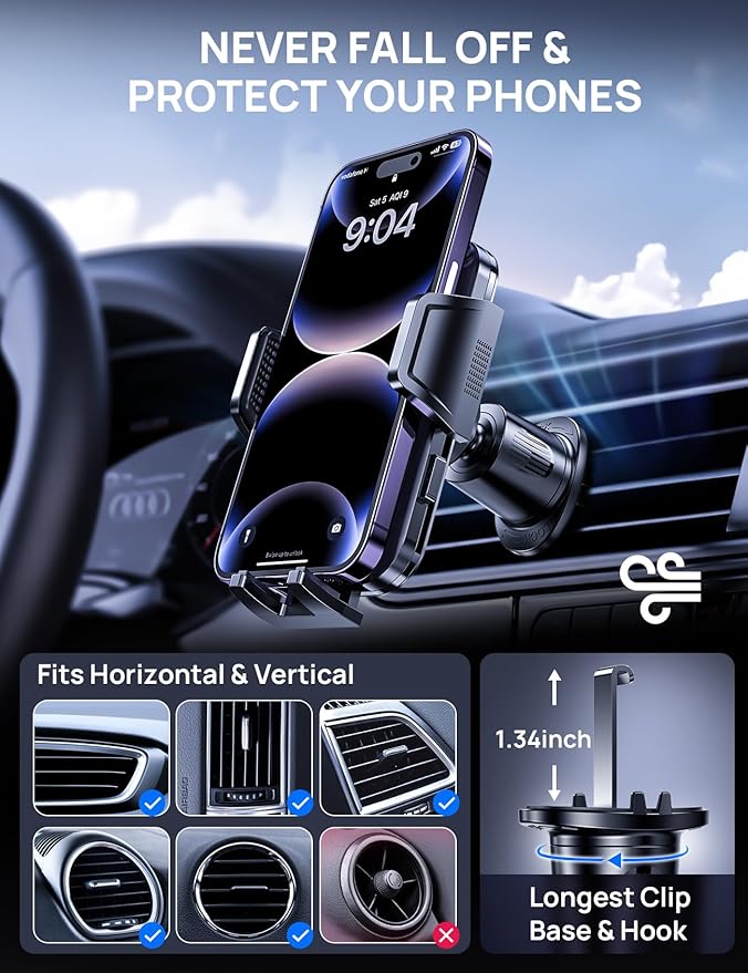 Air Vent Car Phone Holder, Metal Hook Clip, One-Hand Release, Anti-Shake