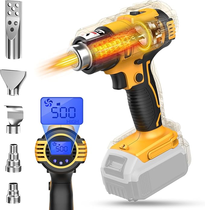 LIVOWALNY Heat Gun Compatible with Dewalt 20v Battery(Tool Only):350W Cordless Battery Powered Heat Gun 122℉~1022℉ Variable Temperature Heat Shrink Gun w/LED Digital Display for Shrink Tubing,DIY