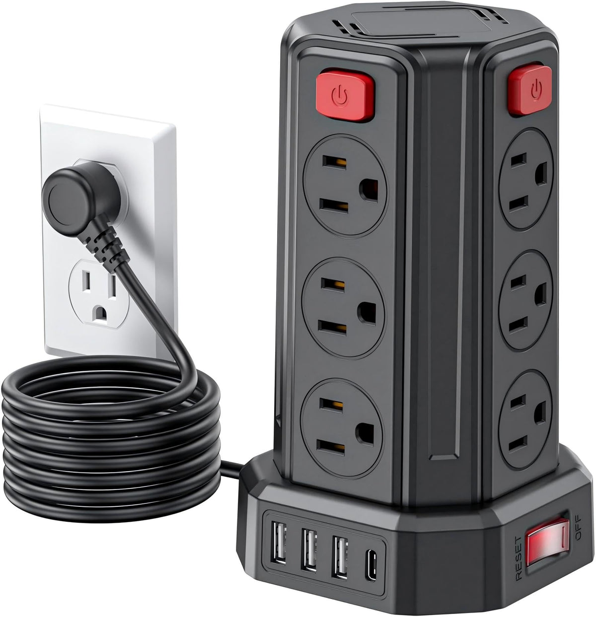 Power Strip 10 Ft Extension Cord with 12 AC Multiple Outlets 4 USB (1 USB C), SMALLRT Power Strip Tower Desktop Charging Station for Home Office College Dorm Essentials