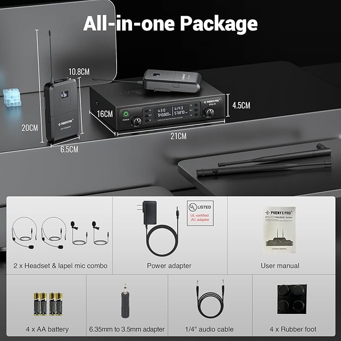 Phenyx Pro Dual UHF Wireless Microphone System,Auto-Scan Cordless Mic Set w/ 2x100 Frequencies, 2 Bodypacks & Headsets/Lapel Microphones for Speaking, Singing, Church, DJ (PTU-71-2B)