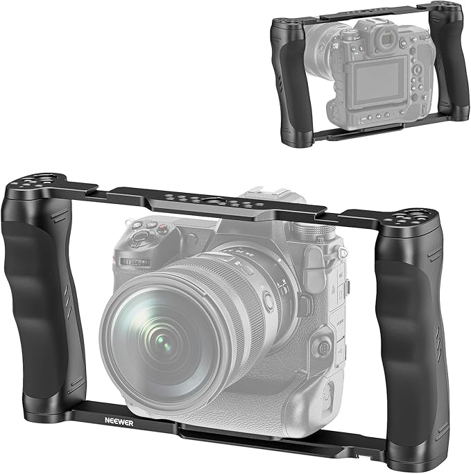 NEEWER Universal Camera Cage & Top Handle with 3/8" ARRI Locating Pins Kit, Video Rig Camera Stabilizer with Arca Type Base, Dual Handgrips, Compatible with SmallRig Accessories
