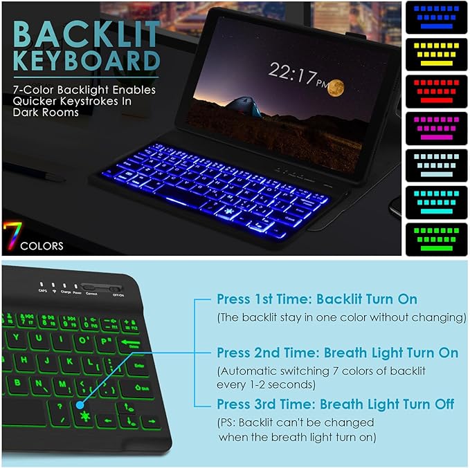 DETUOSI Backlit Keyboard Case for Samsung Galaxy Tab A7 Lite 8.7" 2021 (SM-T220/T227U) with S Pen Holder, 3 Viewing Angles Folio Leather Book Cover with Magnetic Closure + Wireless Keyboard Detachable