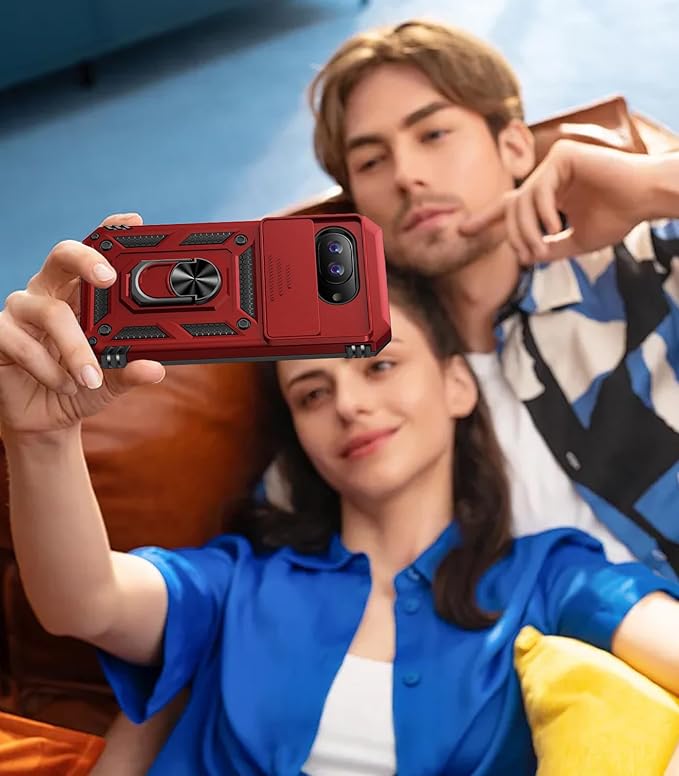 Taisairu for Google Pixel 9A Case with Screen Protector & Slide Camera Lens Cover, Built-in 360°Rotate Magnetic Ring Stand Shockproof Protective Phone Case for Google Pixel 9A Case (Red)