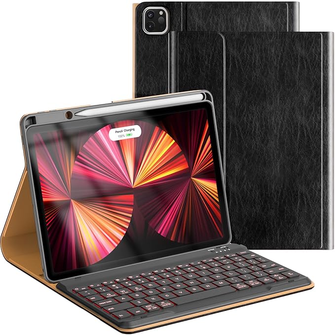 OPAKIT PU Leather Keyboard Case for iPad Air 5th/4th Generation 10.9 Inch & Pro 11 Inch 1st-4th Gen, 7-Color Backlit BT Folio Keyboard with Pencil Holder, Compatible with iPad Air 11 Inch M2 (Black)