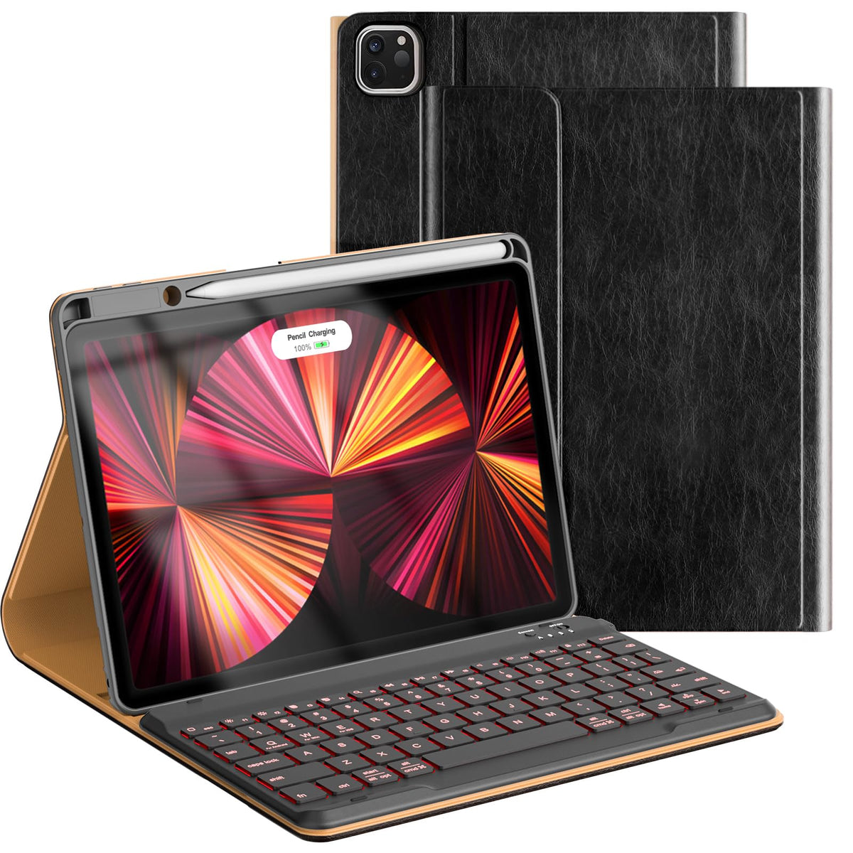 OPAKIT PU Leather Keyboard Case for iPad Air 5th/4th Generation 10.9 Inch & Pro 11 Inch 1st-4th Gen, 7-Color Backlit BT Folio Keyboard with Pencil Holder, Compatible with iPad Air 11 Inch M2 (Black)