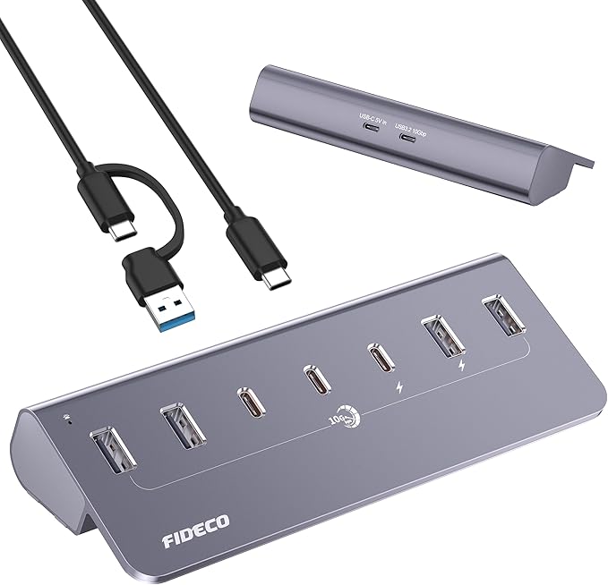 FIDECO Powered USB Hub, 7 Port 10Gbps Fast Data Hub for iPhone 16/15 and Laptop, Full Aluminum USB Splitter with 5V 3A Power Adapter, 4 USB A and 3 USB C Ports, Support BC1.2 Charging