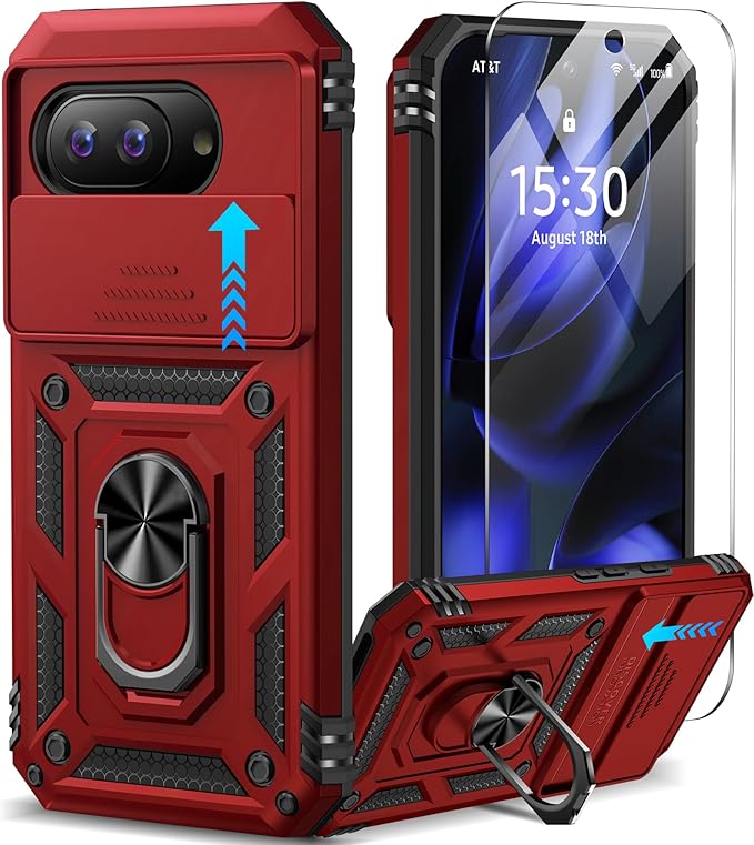 Taisairu for Google Pixel 9A Case with Screen Protector & Slide Camera Lens Cover,Built-in 360°Rotate Magnetic Ring Stand Shockproof Protective Phone Case for Google Pixel 9A Case(Hot Pink)