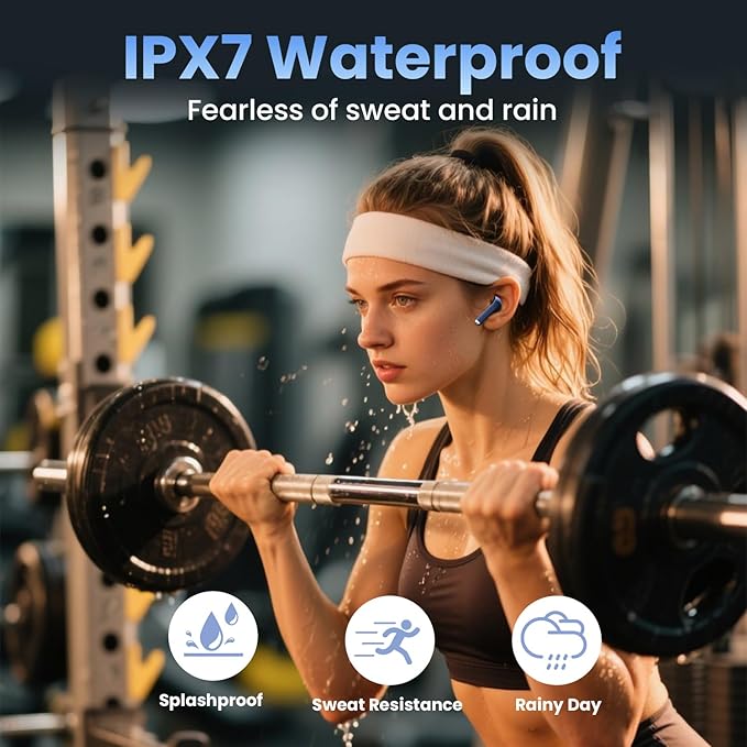 Wireless Earbuds, Bluetooth Headphones with Deep Bass Stereo, 48H Playback Ear Buds with LED Power Display Charging Case,Lightweight, IPX7, in-Ear Earphones with Mic for for Phone Tablet Laptop, Blue