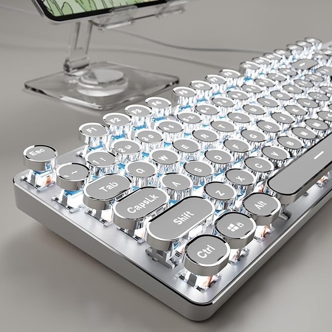 SEUNKWANG Typewriter Style Mechanical Gaming Keyboard with White Backlit, Wired Retro Punk Computer Keyboard Durable Metal Panel, Clicky Blue Switch, Round Keycaps, Full-size for PC/Desktop/Win