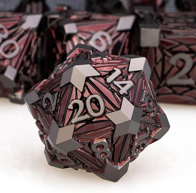 ORIFANTOU 7PCS Metal DND Dice Set with Box, Debris RPG Blood Spatter D and D Dice for use with D&D Tabletop Games Role Playing Game Polyhedral Dice Set D20 D12 D10 D8 D6 D4