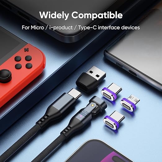 240W Magnetic Charging Cable ,180°Rotating USBC to USB C Magnetic Data Cable ,Micro USB Magnetic Phone Fast Charger Cable Data Transfer for Laptop/Tablet/Smart Phone (6ft)