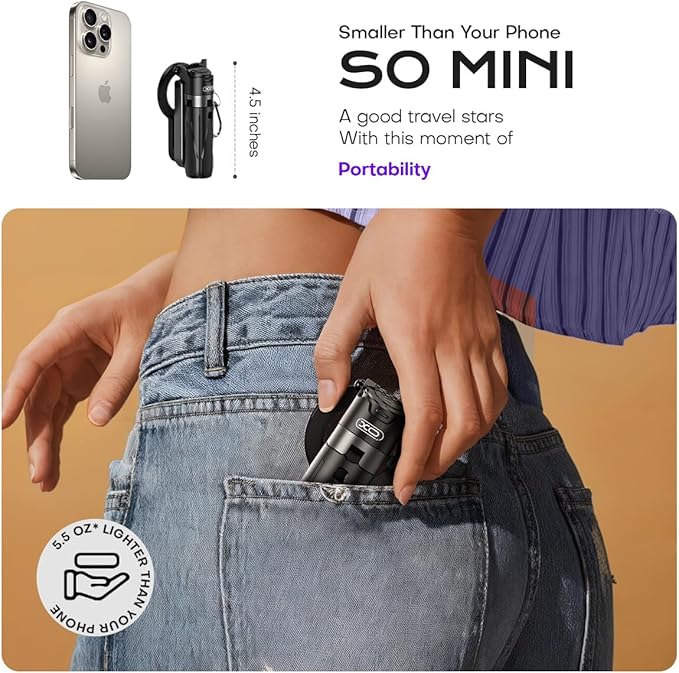 Magnetic Mini Phone Selfie Stick with 2 Fill Light, 360° Rotation Portable Phone Travel Tripod with Remote Control,Magnetic Chuck & Clip Selfie Stick for iPhone Android TIK Tok/Live/Video Recording