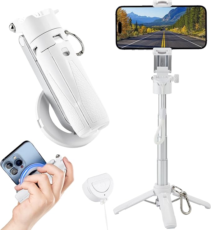 MQOUNY for Magsafe Tripod Stand for iPhone,Portable Pocket Size Selfie Stick with Rechargeable Remote and Metal Ring,Extendable Detachable Cell Phone Tripod Compatible with iPhone/Android