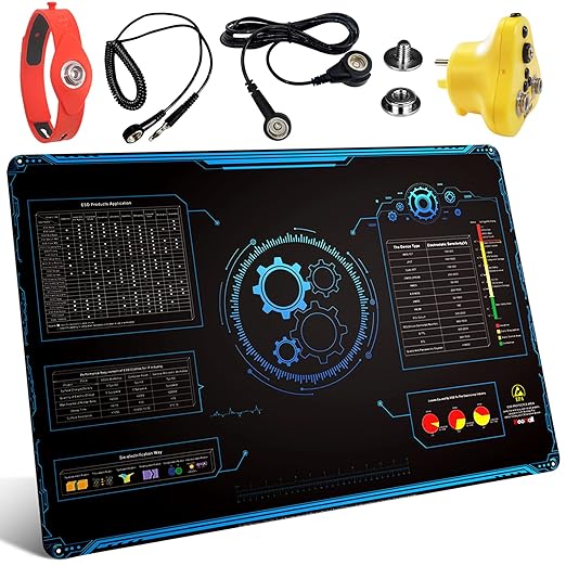 KooMall Large 48x24 Inch Anti Static Mat, Soldering Rubber Mat for PC Building, ESD Sensitive Device Repair, Assembly Work, with ESD Grounding Plug,Cord,Wrist Strap Bracelets Wristband,Heat Resistant