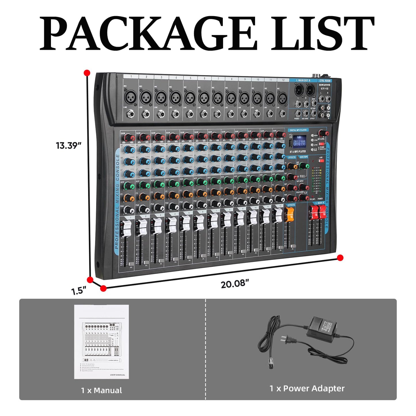 SIKUING 12 Channel Audio Interfacer Sound Board Mixer DJ Mixer 16-Bit DSP Effect USB Audio Mixer +48V Phantom Power Bluetooth Mixer for Karaoke Studio Streaming Recording,Live Streaming