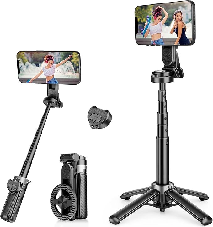 4-in-1 Multifunctional Magnetic Phone Tripod, Portable Selfie Stick for iPhone & Android with Detachable Remote and Metal Ring, Magnetic Tripod Extendable Length 4.33" - 16"