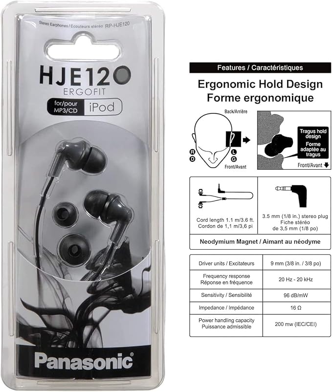 Panasonic ErgoFit Wired Earbuds, 3.5mm Jack In-Ear Headphones Wired with Dynamic Crystal-Clear Sound and Ultra Soft Ergonomic Custom-Fit Earpieces (S/M/L), for Phones and Laptops - RP-HJE120-K (Black)