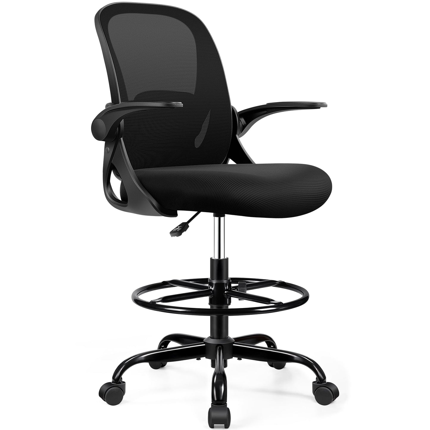 Drafting Chair Tall Office Chair with Flip-up Armrests, Adjustable Height, and Enhanced Lumbar Support - Ergonomic Rolling Stool, Back Support, and Adjustable Foot Rest Ring for Standing Desk Black
