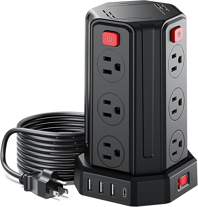 Power Strip 16.4 Ft Extension Cord with 12 AC Multiple Outlets 4 USB (1 USB C), SMALLRT Power Strip Tower Desktop Charging Station for Home Office College Dorm Essentials