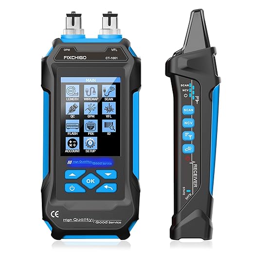10 in 1 Network Cable Tester with 7 Wavelengths OPM 10Km/10mW VFL 600M Measurable Length 100 Records Tool Kit for CAT5 CAT6 Telephone Ethernet RJ11 RJ45 PoE Wire Tracer NCV, Blue