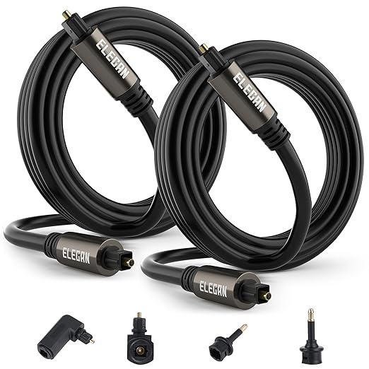 Elecan Optical Audio Cable 50 Ft Digital Audio Toslink Cable Cord-Fiber Optic-Gold Plated-Flexiable&Durable-for Home Theater,Sound Bar,PS4&Xbox-with 4 Right Angled and Mini Toslink Adapters+Ties