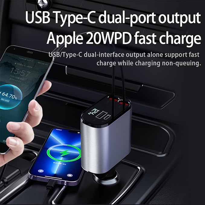 Retractable Car Charger,4 in1 Fast Car Phone Charger with Dual Retractable Cables and 2 Charging Ports (Type C+Lightning Retractable Cords)