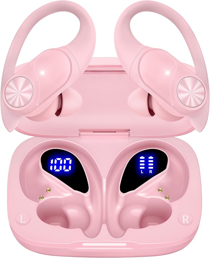 PocBuds Bluetooth Headphones Wireless Earbuds 80hrs Playtime Wireless Charging Case Digital Display Sports Ear Buds with Earhook Deep Bass IPX7 Waterproof Over-Ear Earphones for TV Phone Laptop Blue