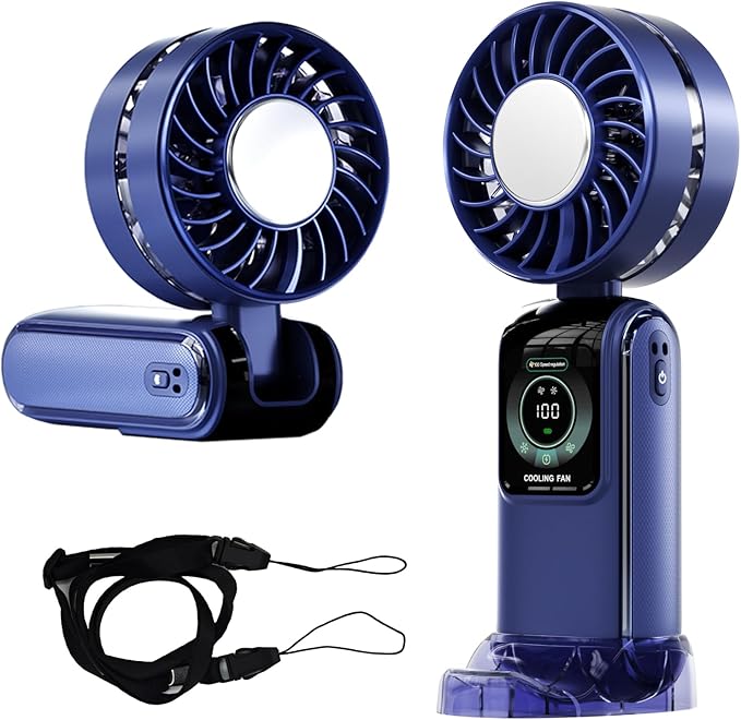 GZEduld Personal Handheld Fan with Stand & Lanyard, 5000mAh USB-C Rechargeable Battery, 12H Runtime 5-Speed LED Display Mini Cool Fan for Travel Beach Concerts Outdoor Events(4 Colors Available)