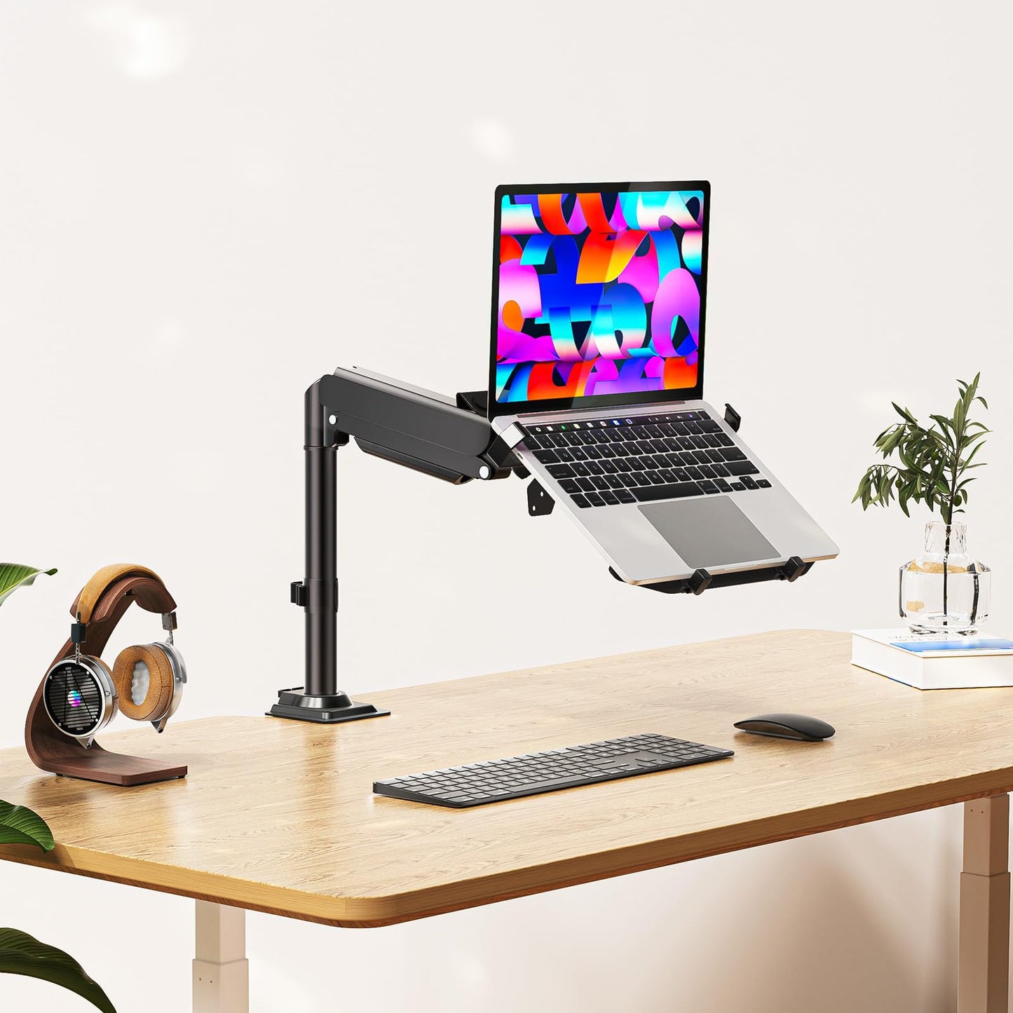 WALI Laptop Desk Mount for 15.6 inch Notebook, Fully Adjustable Single Monitor Arm with Laptop Holder for 32 inch Screen, Laptops Stand with Ventilated Tray, Up to 22 Lbs, (GSDM00LP), Black