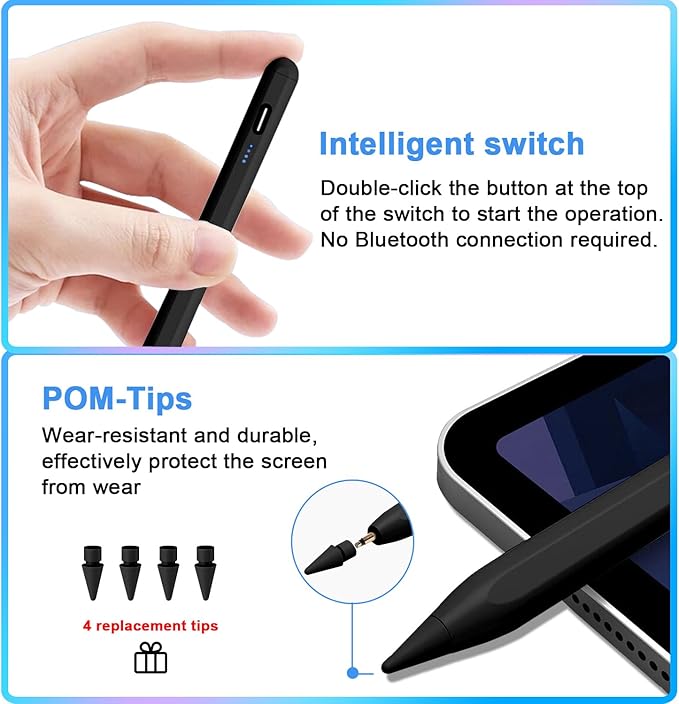 Stylus Pen for iPad 9th&10th - Type-c Charging Pencil for ipad Palm Rejection Active Pen Compatible with (2018-2025) Apple iPad 6/7/8/9/10/11(A16), Air 3/4/5/M2/M3, Mini 5/6, Pro 11"/12.9"/M4(Black)