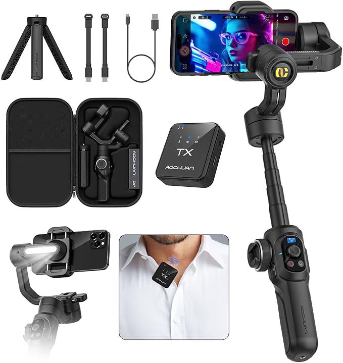 AOCHUAN Professional Gimbal Stabilizer for Smartphone,Built-in 18CM Extension Rod and Powerful Fill Light,360°Inception,Face&Object Tracking Stabilizer,3-Axis Gimbal for iPhone& Android-Smart S2