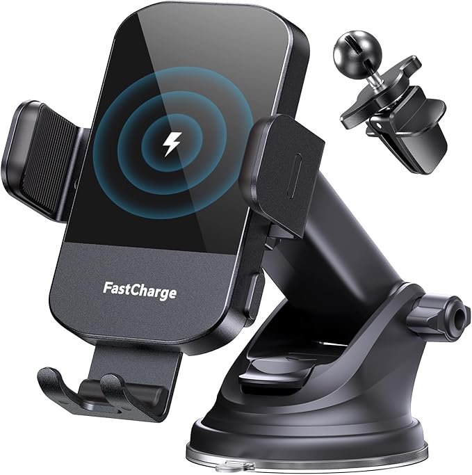 CHGeek Wireless Car Charger, 15W Fast Charging Auto Clamping Phone Holders for Your Car Phone Mount fit for iPhone 17 16 15 14 13 12 Pro Max 11 XR XS, for Samsung Galaxy S25 Ultra S24 S23, Black