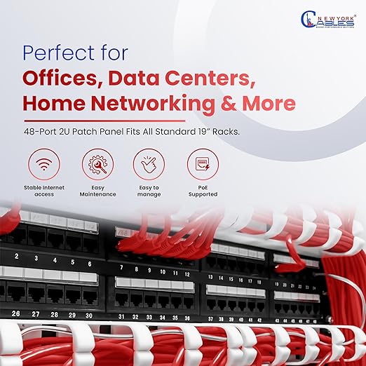 NewYork Cables 48 Port Cat6 Patch Panel β 10Gb Ethernet, 2U Rackmount 19-Inch, Color-Coded T568A/B Labels, Unshielded, 110/Krone Compatible, Black