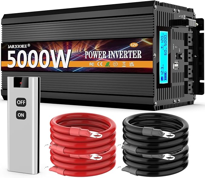 5500 Watt Power Inverter 12V DC to 110V 120V Converter for Family RV Off Grid Solar System Car with Type-C Ports 3 AC Power Outlets Dual USB Ports LCD Display Wireless Remote Control