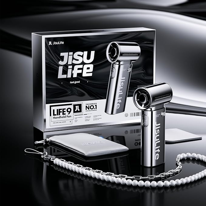 JISULIFE Handheld Fan Life9S - Sleek Chrome: Turbo Power, 22 Hours Cooling