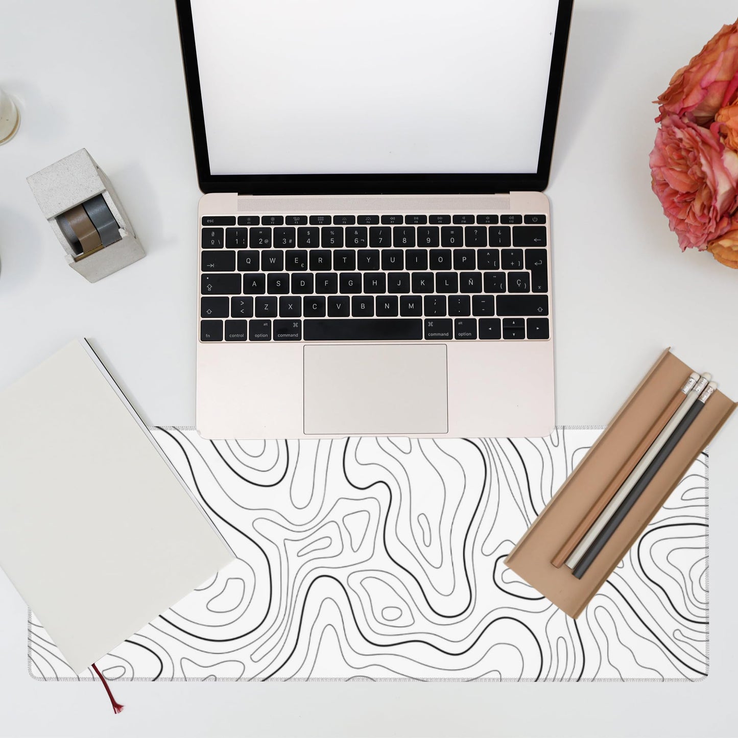 Eflxamz Desk Mat,White Topographic Contour Map Desk Pad,Topographic Contour Large Gaming Mouse Pad for Desk,Extended Big Computer Keyboard Mouse Pad with Non-Slip Base and Stitched Edge,31.5"x11.8"