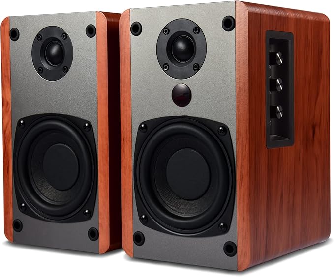 SINGING WOOD BT25 (2024 Version) Bluetooth Active Bookshelf Speakers for with Optical Aux inputs Subwoofer Line Out for PC, TVs, Turntable, Wooden Enclosure,80W - Cherry Wood