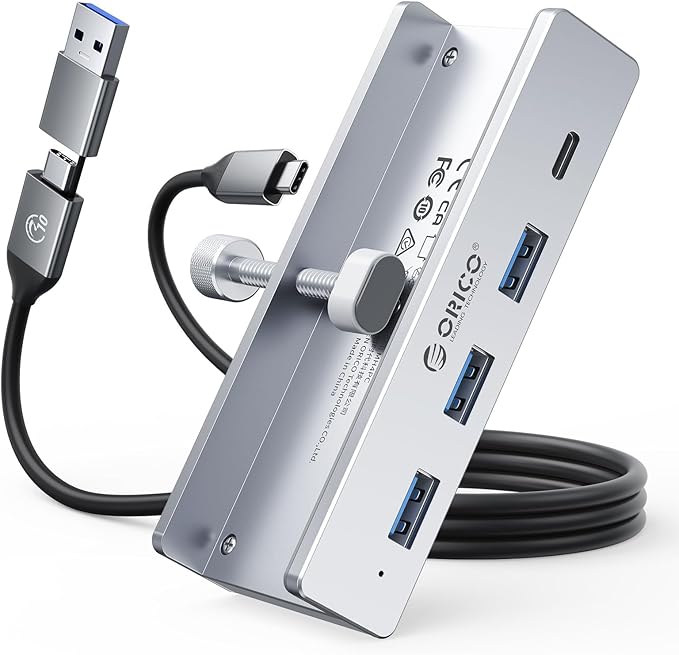 ORICO USB Hub 3.0, Clamp USB Hub with Extra Power Supply Port, Aluminum 4-Port USB Adapter with 3 USB-A Data Ports, USB-C Port for Monitors