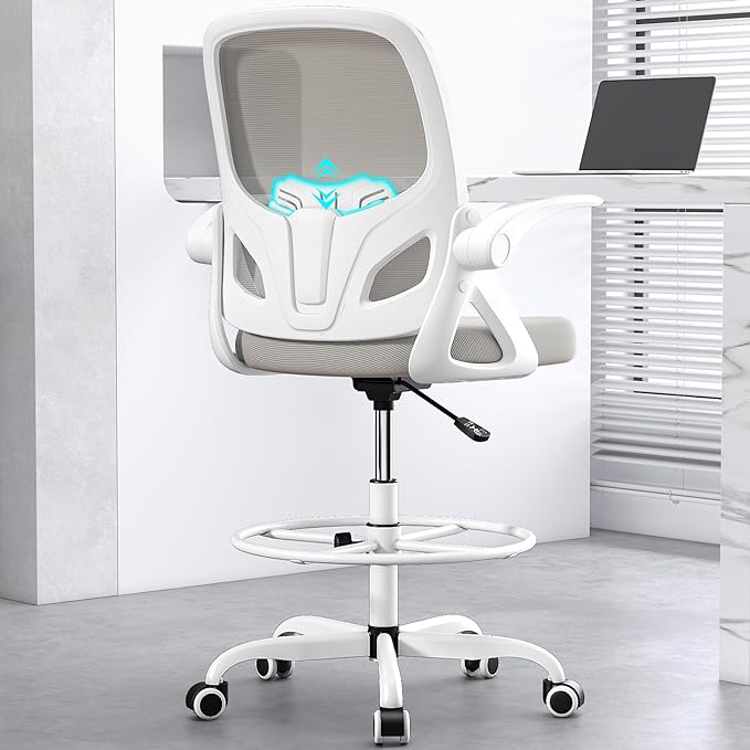 Kensaker Drafting Chair Tall Office Chair, Ergonomic Standing Desk Chair with Adjustable Foot Ring and Flip-up Armrests, Mesh Computer Chair for Art Studio, Gray