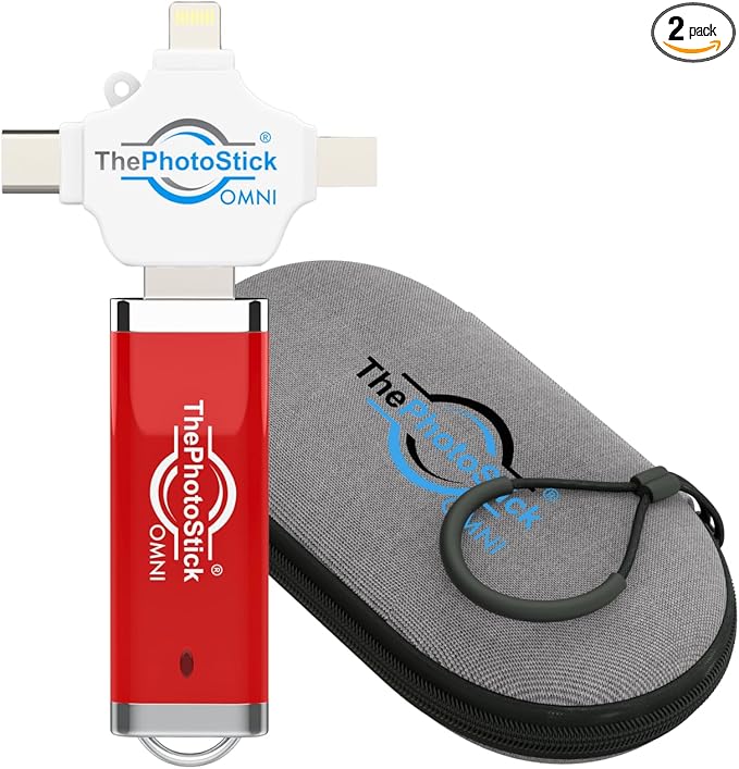 ThePhotoStick® Omni 256GB Photo Backup for iPhone, Android + Portable Case