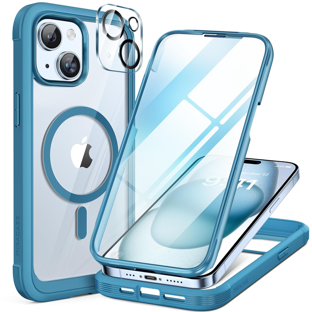 Miracase for iPhone 13 Case 6.1'',Full-Body Magnetic Clear Bumper Case with Built-in 9H Tempered Glass Screen Protector,Military Drop Protection Outdoor Phone Case — iPhone 15 Plus