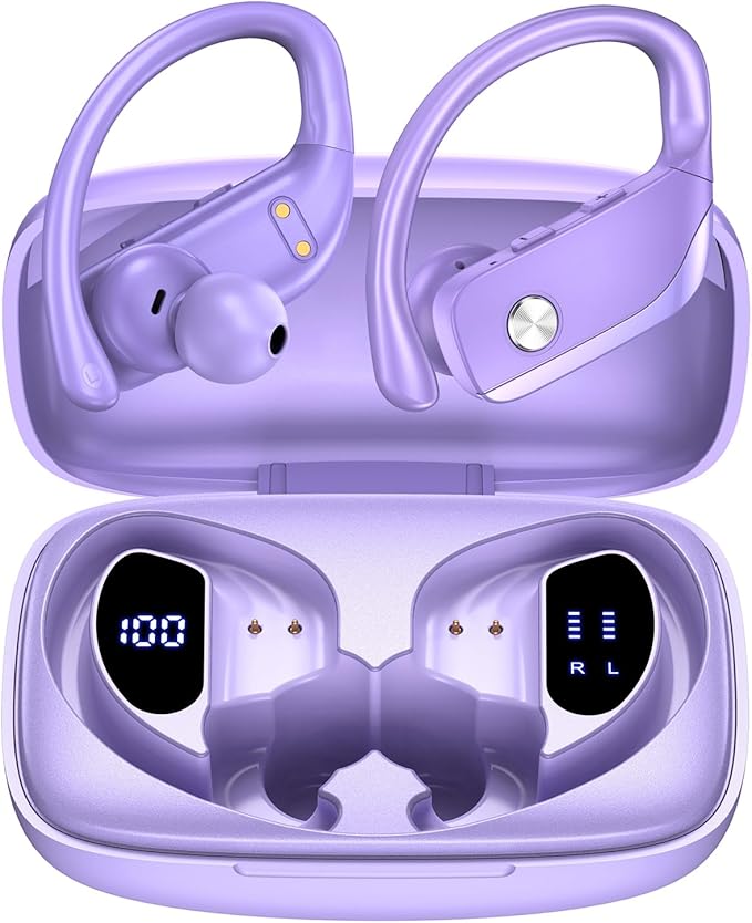 bmanl Wireless Earbuds Bluetooth Headphones Over Ear Hooks Ear Buds with 80H Playtime, LED Power Display, Dual Mic Clear Calls, Sports Wireless Ear Buds Bluetooth Earbuds for Running Gym Workout Black