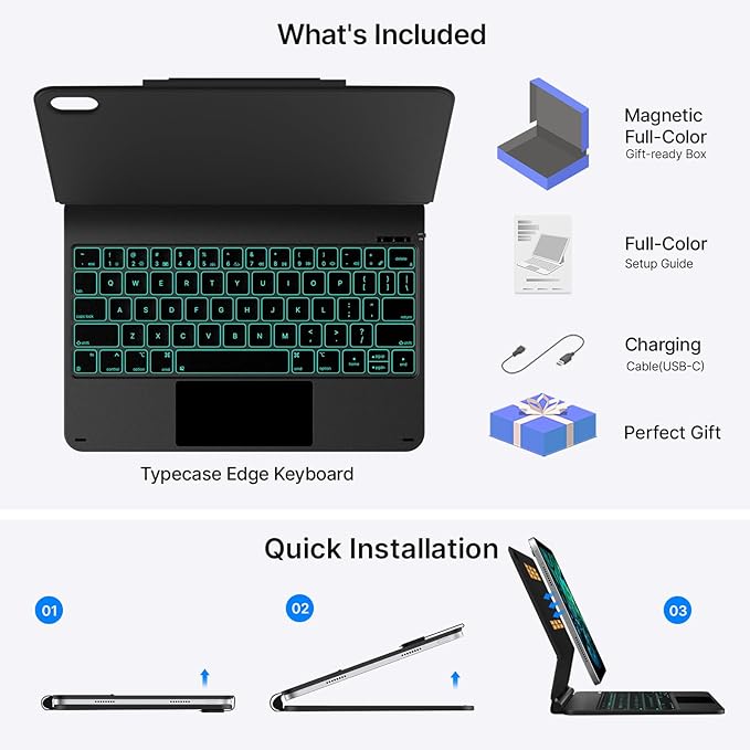 typecase Edge Keyboard Case for iPad 10th Generation 10.9" (2022) – Magnetic Keyboard Case with Multi-Touch Trackpad, 11 Colors Backlight, Pencil Holder, Slim & Lightweight - Dark Black