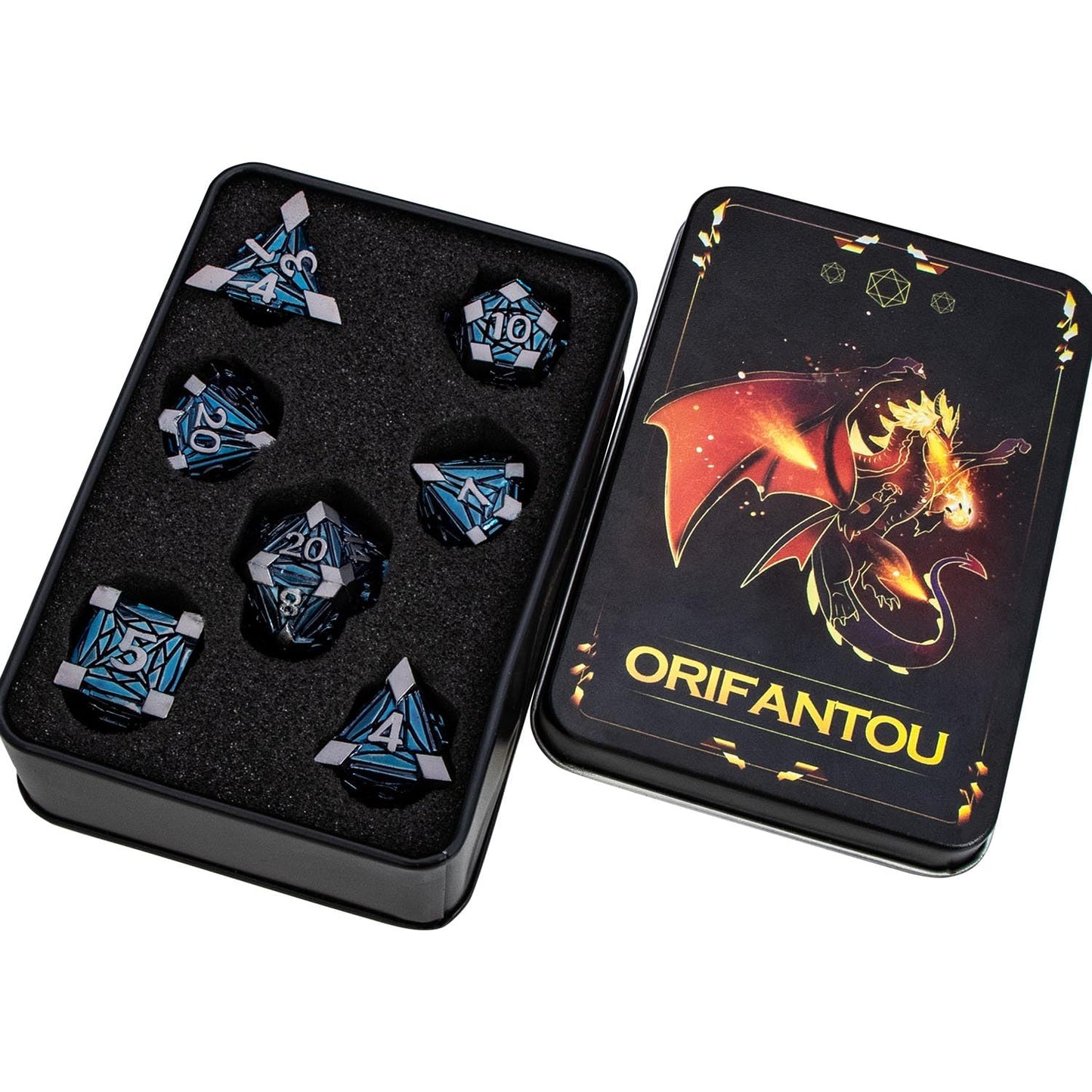 ORIFANTOU 7PCS Metal DND Dice Set with Box, Debris RPG Black Blue D and D Dice for use with D&D Tabletop Games Role Playing Game Polyhedral Dice Set D20 D12 D10 D8 D6 D4