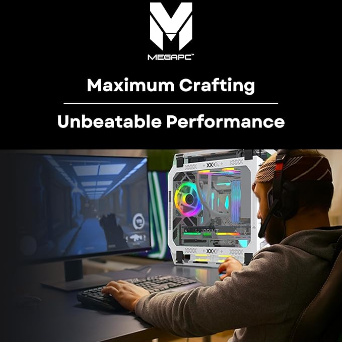 MegaPC X-Era Open-Frame Mid-Tower Micro-ATX/Mini-ITX Gaming Case โ Tempered Glass Panels, High Airflow, ARGB Lighting, USB-C Port (Black/White/Print Stream, with Fans Only)