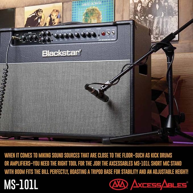 AxcessAbles Short Microphone Stand with Boom Arm | Low Profile Mic Tripod Stand for Kick Drums | Guitar Amp Stand | Low-Pro Mike Stand (MS-101L)